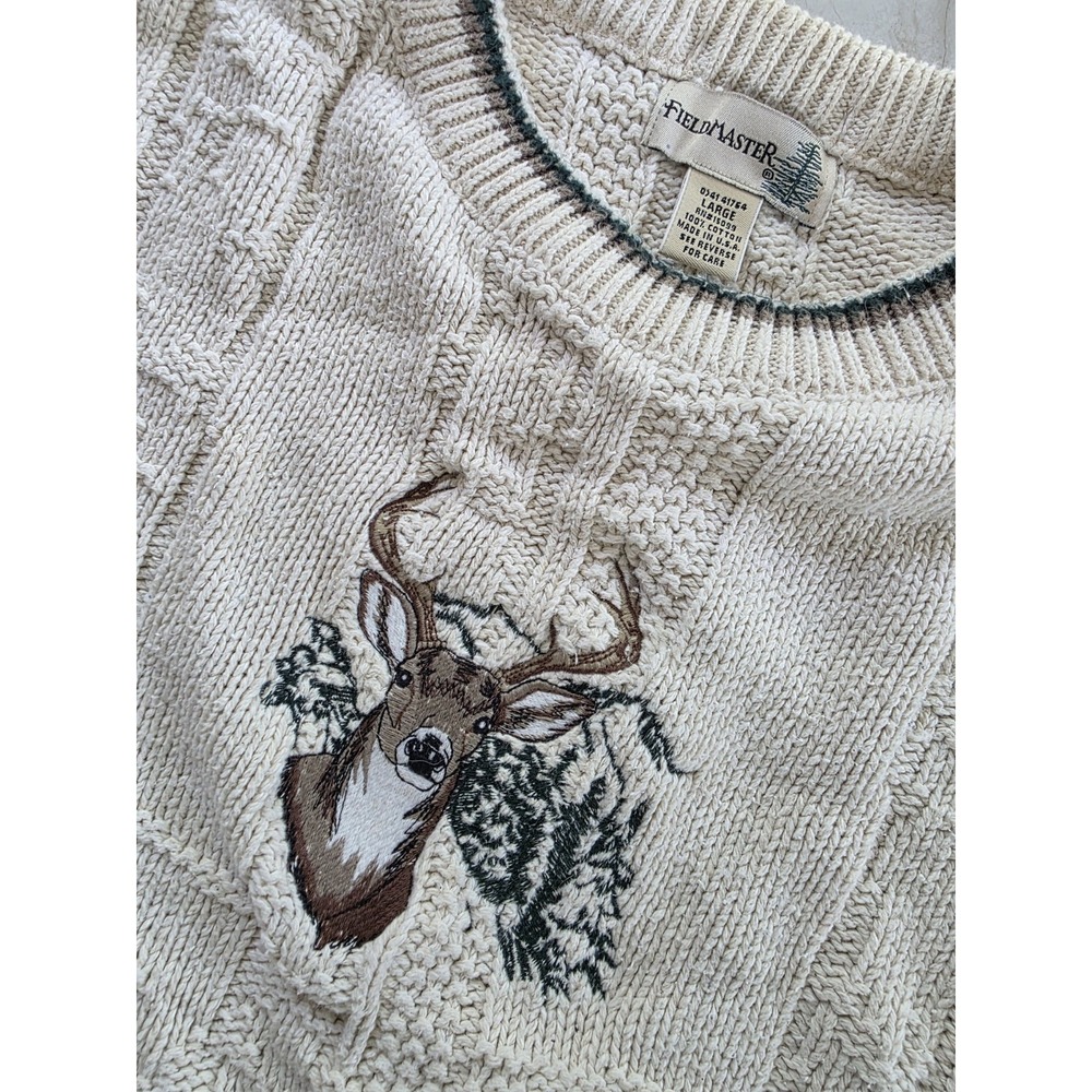 Vintage Fieldmaster Deer Buck Sweater Embroidered Knit Tan Mens Large